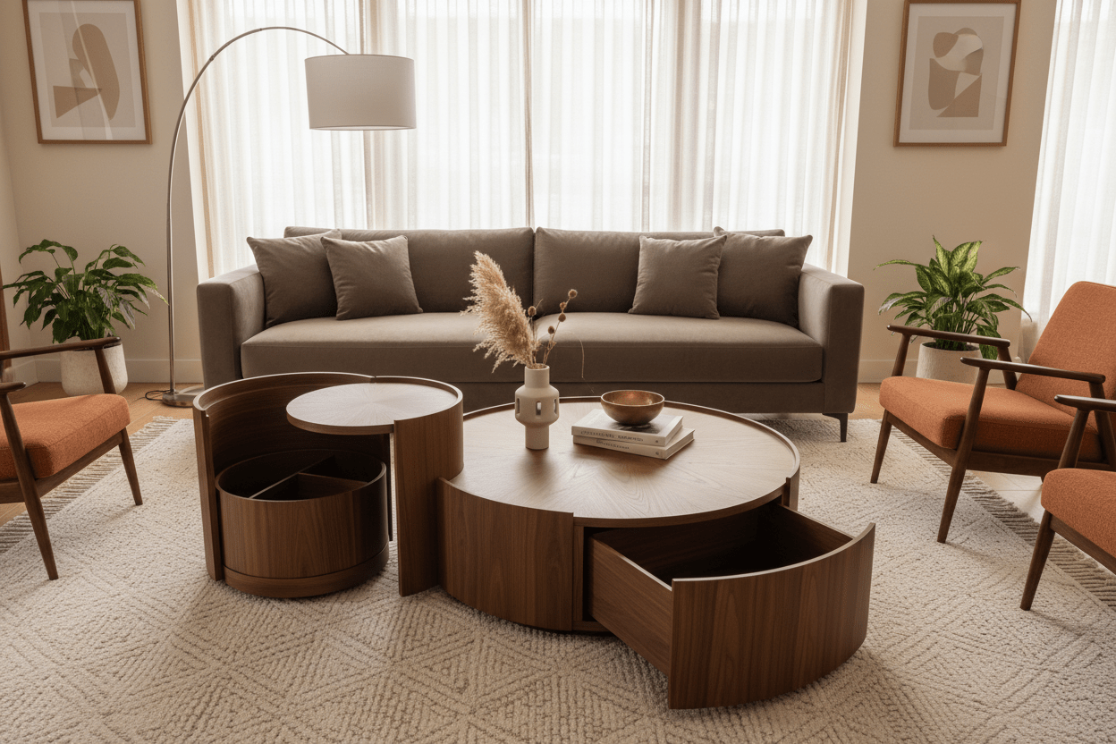 Modular Round Coffee Table Set – Walnut with Hidden Drawers (3 Pieces) | طقم طاولة قهوة دائرية موديولار – جوز الهند مع أدراج مخفية (3 قطع) - M&M