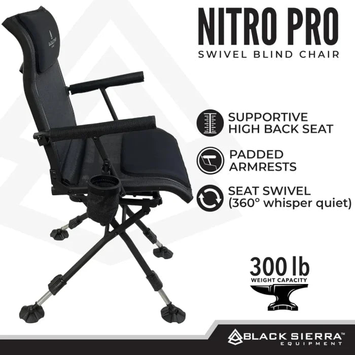 Black Sierra Nitro Pro XL 360° Silent Swivel Hunting & Fishing Chair – Padded, 300 Lbs Capacity, Armrests, Adjustable Legs, Cupholder & Carry Strap | UAE - M&M