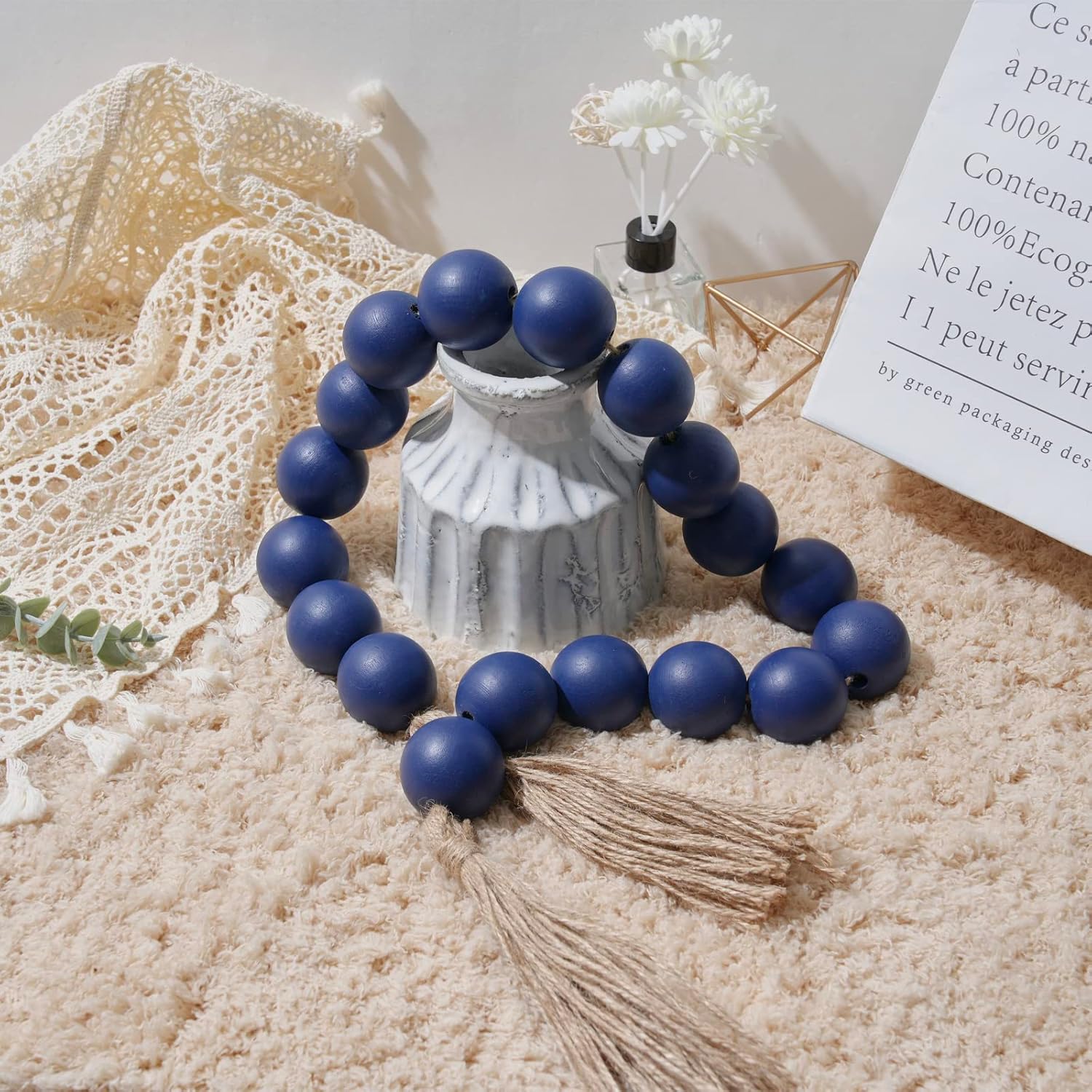OMISHE Extra Large Wood Bead Garland in Navy Blue with 1.6" Diameter Wooden - M&M