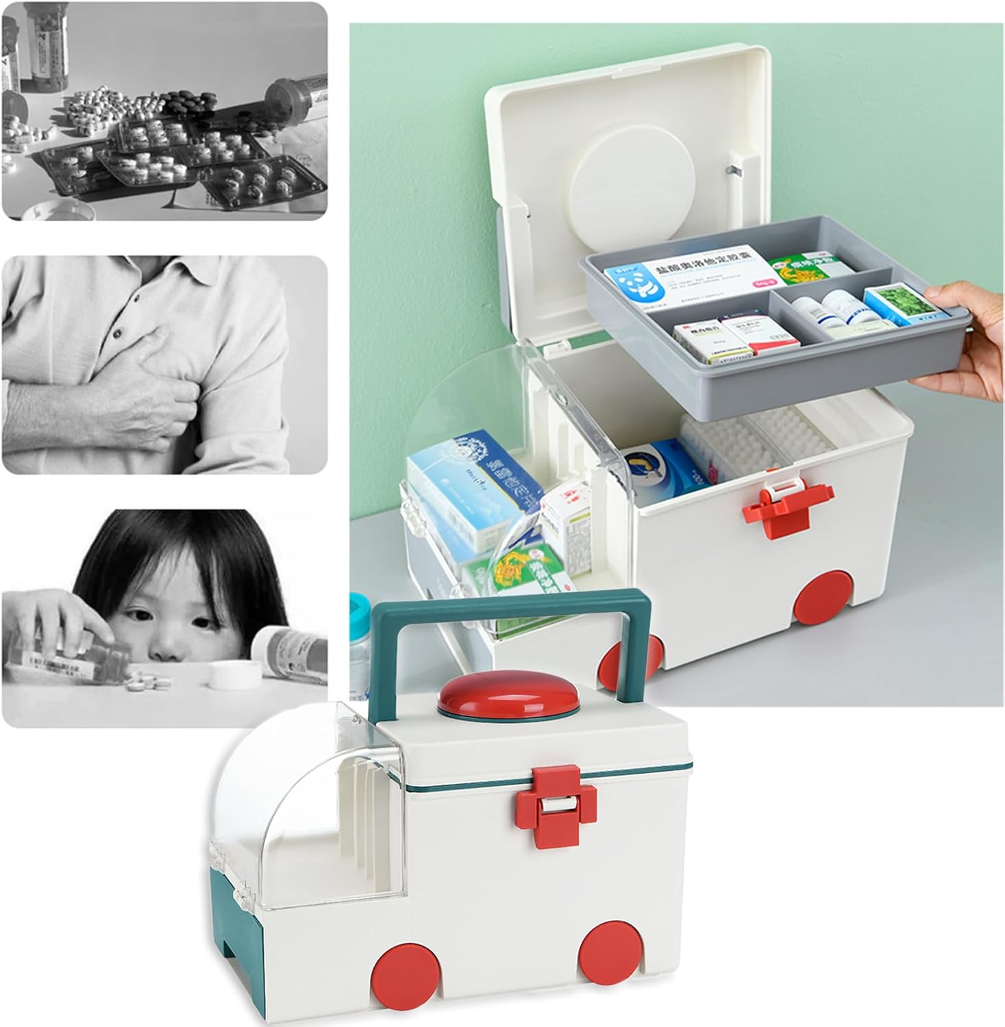 ANTOLE Family First Aid Medical Storage Box – Multi - Layer Medicine Cabinet Organizer with Removable Pill Case & Handle - M&M