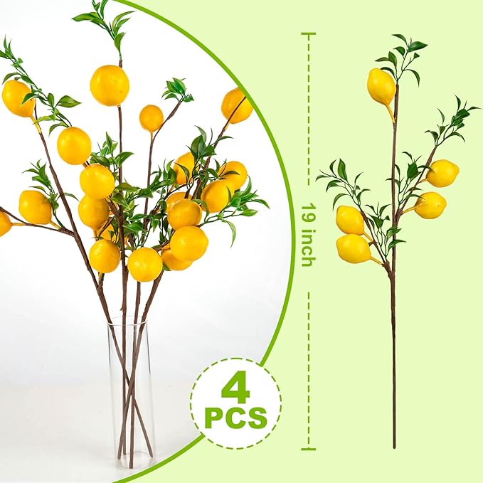 4Pcs Artificial Lemons Branch, Vivid Yellow Fake Lemons Branch with Green - M&M