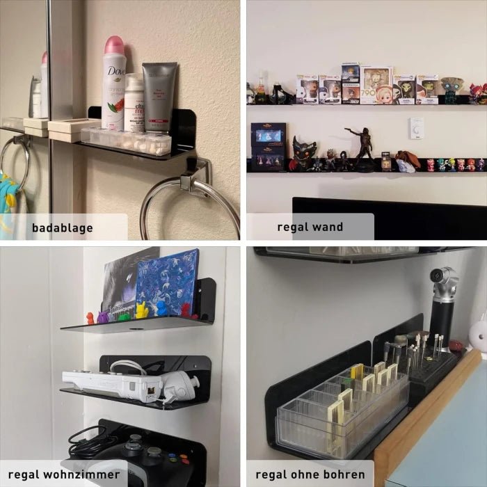 OAPRIRE Acrylic Floating Wall Shelves Set of 2, Damage - Free Expand Wall Space, Black Small Wall Shelf for Smart Speaker, Action Figures, Monitor with Cable Clips, Stick on, No Drill - M&M