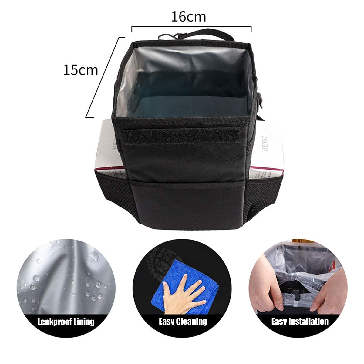 tbp Leakproof Car Trash Can with Lid – Waterproof Automotive Garbage Bag & Vehicle Waste Bin with Storage Pockets - M&M