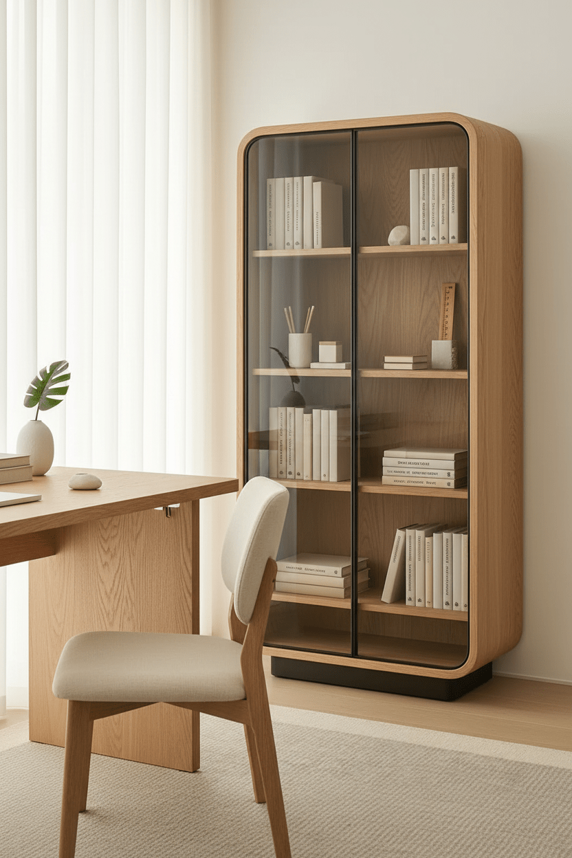 Handcrafted Walnut Glass - Door Bookcase Cabinet – Made to Order | Rounded Display Shelf - M&M