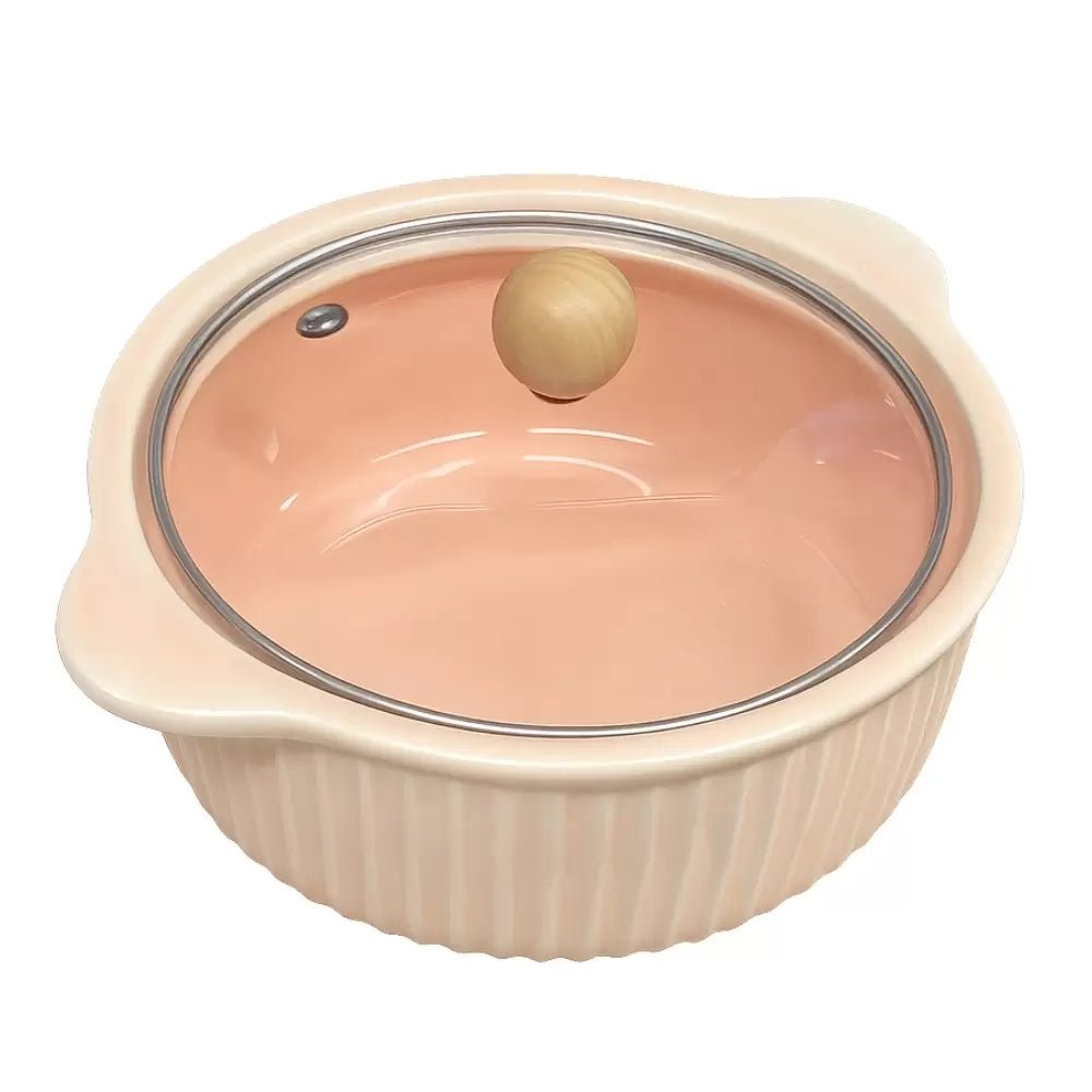 Cream Ceramic Round Casserole Dish – Non - Stick Serving Bowl with Glass Lid - M&M