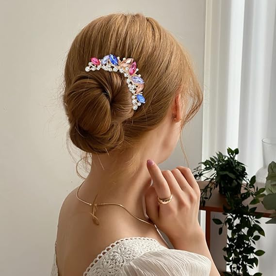 hair combs , French Luxurious Gemstone Crystal Rhinestone Shiny Metal Edge - M&M
