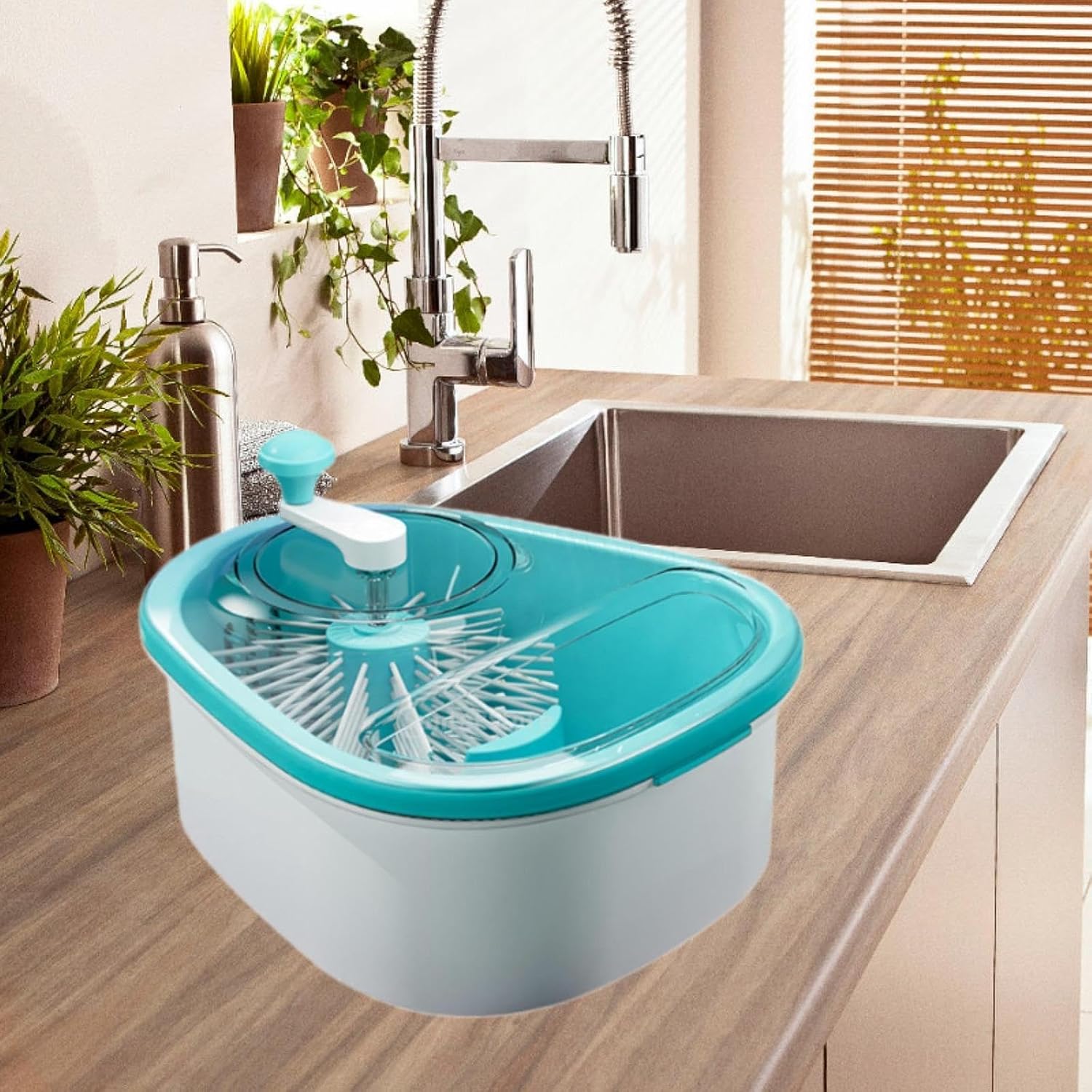 MYCENSE Multipurpose Drain Basket & Fruit Strainer with Cleaning Brush – Large Self - Draining Bowl with Anti - Slip Base, Blue - M&M