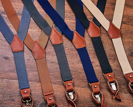 Mens Suspenders, Brown Leather Button Tab and Clip Braces, Heavy Duty - M&M