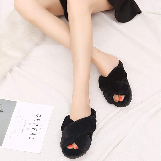 Humiwa Womens Faux Fur Slippers Warm Fussy Flip Flop House Slippers Open Toe - M&M