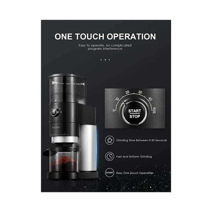 ALCOOK Electric Conical Burr Coffee Grinder – 42 Grind Settings, One - Touch 50S Grinding, Easy Clean, Matte Black | UAE - M&M