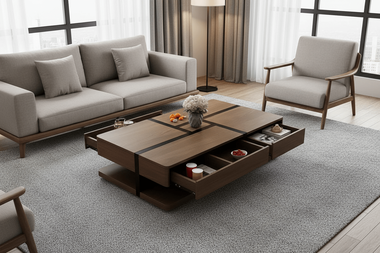 Sliding Storage Coffee Table – Walnut with Hidden Drawers | طاولة قهوة بأدراج منزلقة مخفية – خشب الجوز - M&M