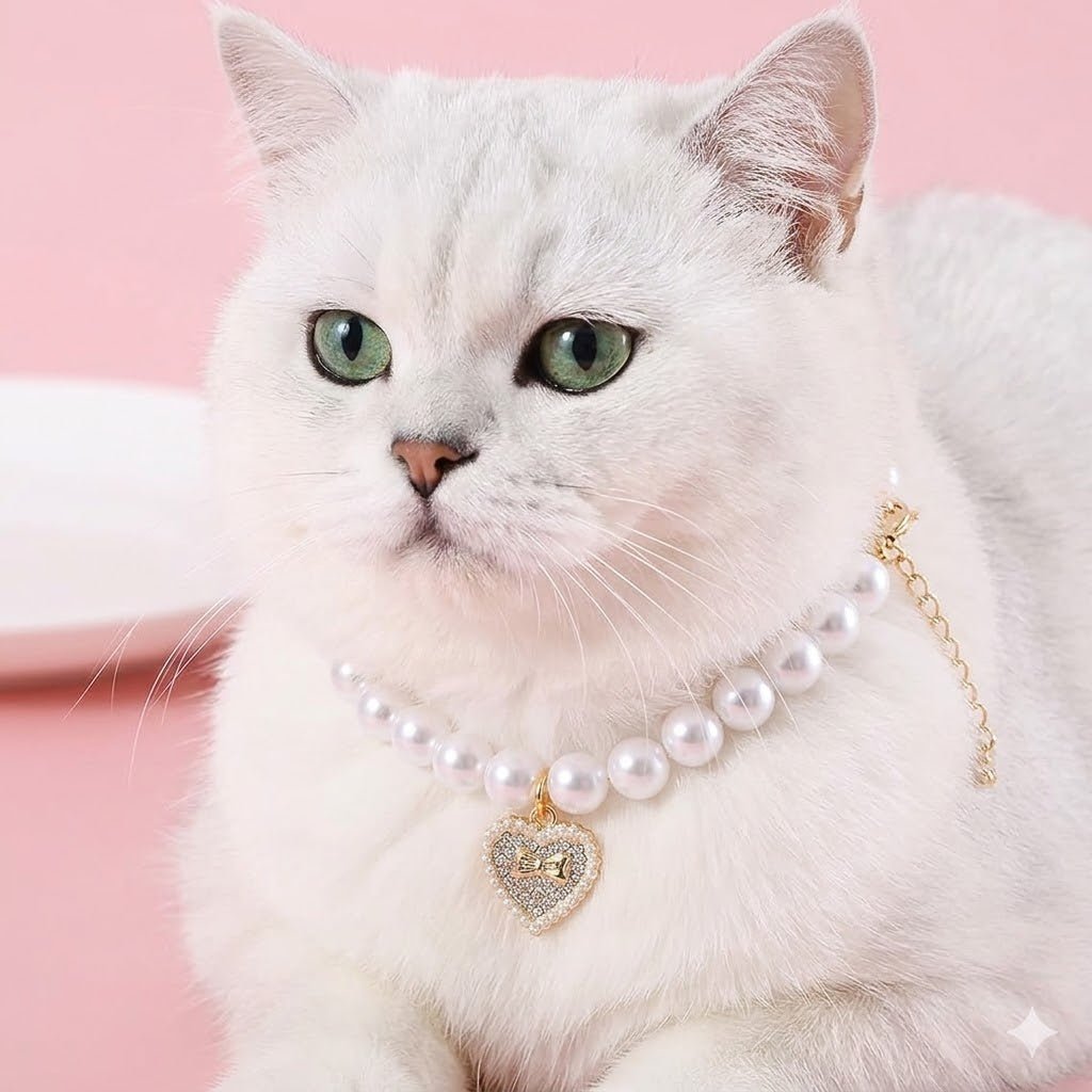 Elegant White Faux Pearl Pet Collar with Heart - Shaped Rhinestone Pendant for - M&M