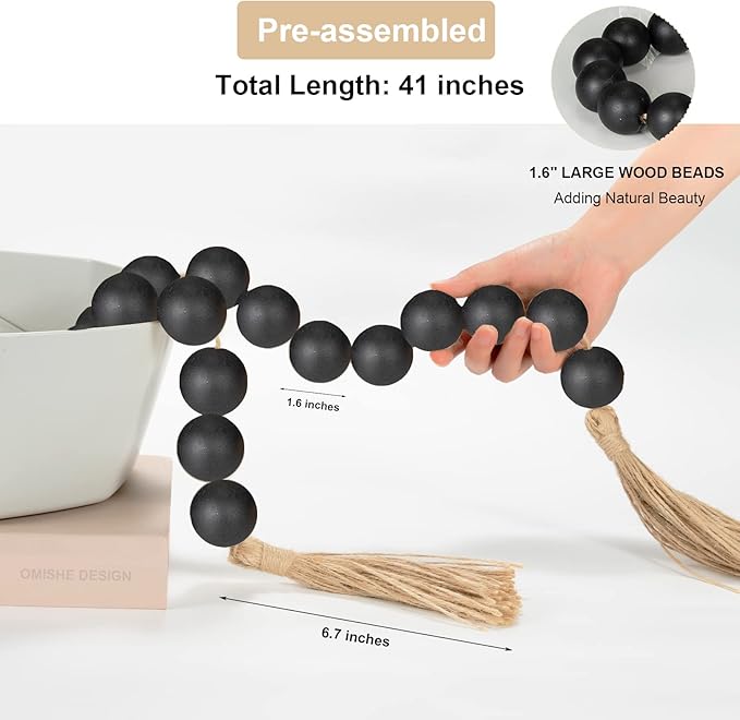 OMISHE Large Wood Bead Garland Black With 1.6" Diameter Wooden Beads and Tassels - M&M
