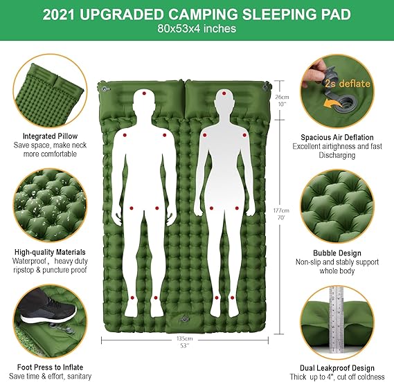 Double Sleeping Pad Inflatable 2 Person Sleeping Mat with Pillow and Foot - M&M