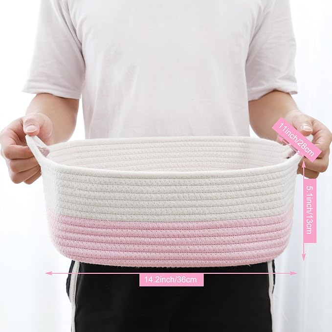 ABenkle Rope Storage Basket, Cotton Woven Pink Baby Girl Basket, Cube Soft - M&M