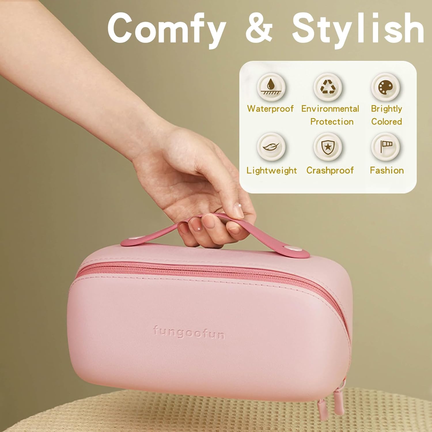 Fungoofun Fashion Portable Travel and Cosmetic Makeup Bag - Stylish Waterproof and Washable EVA Beauty Organizer for Skincare and Toiletries with Durable Handle in Pink - M&M