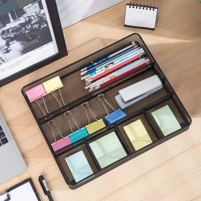 Metal Mesh Desk Drawer Organizer – 6 Compartments, Anti - Slip Office & Home Desktop Storage | Black - M&M
