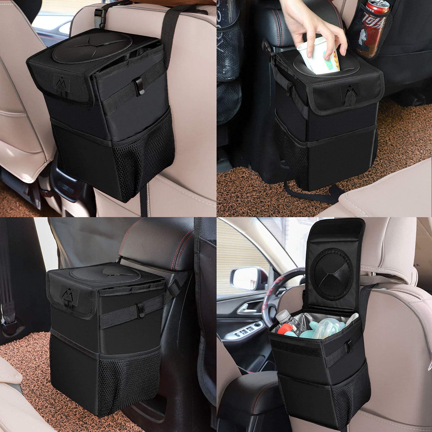 tbp Leakproof Car Trash Can with Lid – Waterproof Automotive Garbage Bag & Vehicle Waste Bin with Storage Pockets - M&M