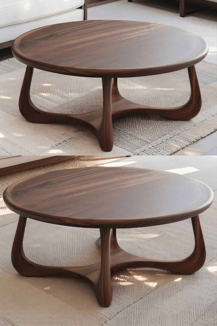 Handcrafted Sculptural Round Walnut Coffee Table – Made to Order | Organic Three - Leg Base - M&M