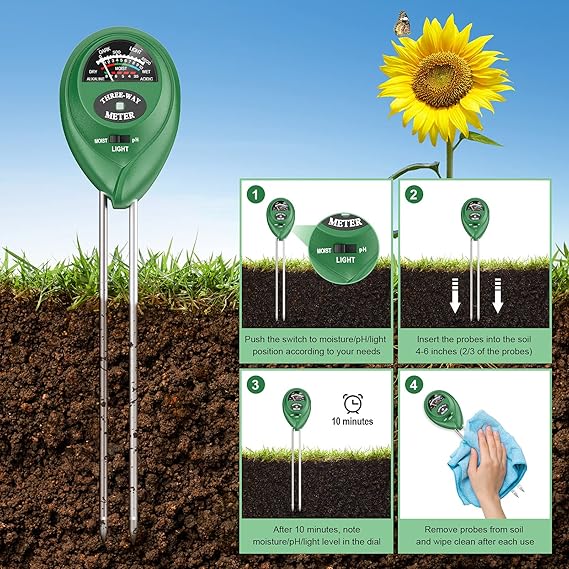 Atree Soil pH Meter, 3 - in - 1 Soil Tester Kits with Moisture,Light and PH Test - M&M