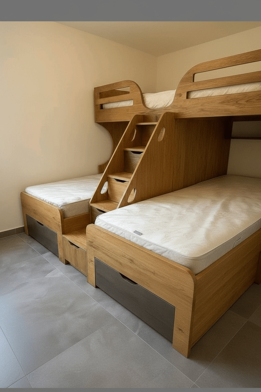 Triple Bunk Bed with Storage Staircase – Handcrafted Solid Oak | سرير ثلاثي بدرج تخزين – خشب بلوط صلب مصنوع يدوياً - M&M