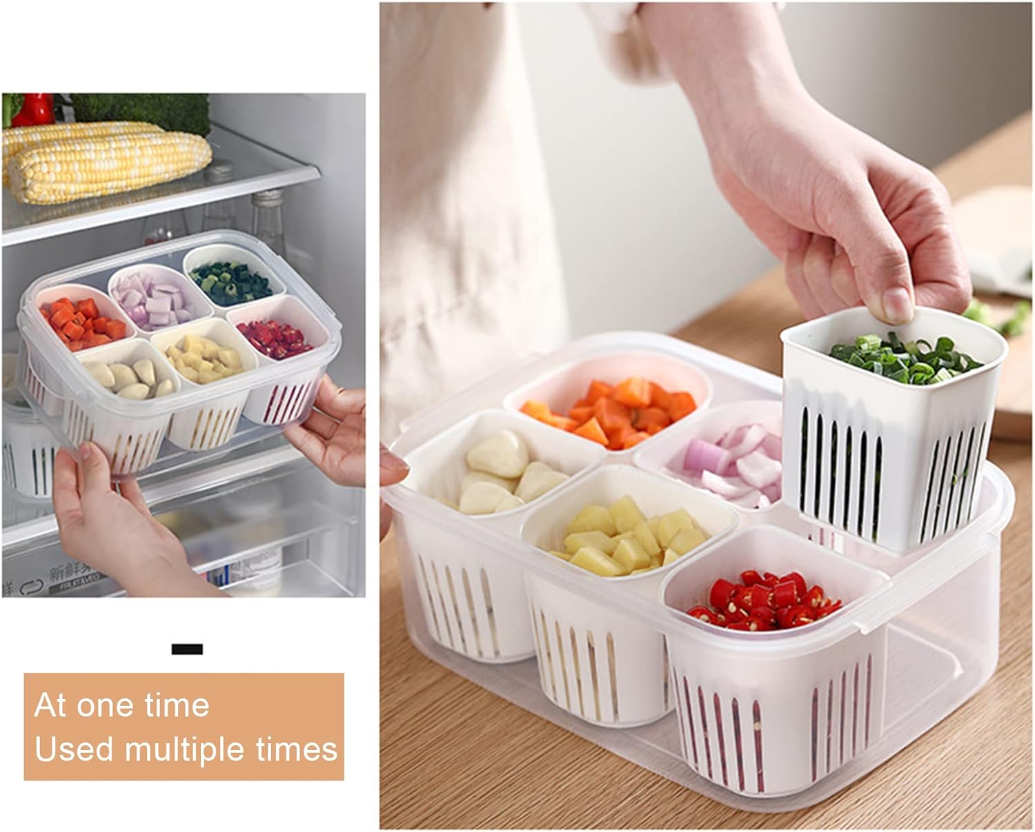 Fofetbfo Vegetable Organizer Box with 6 Removable Drain Baskets – Multi - Compartment Food Storage for Ginger, Garlic & Green Onion - M&M