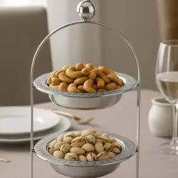 Elegant 2 - Tier Floral Metal Cake & Snack Stand – Silver – 15x34cm – With Carry Handle - M&M