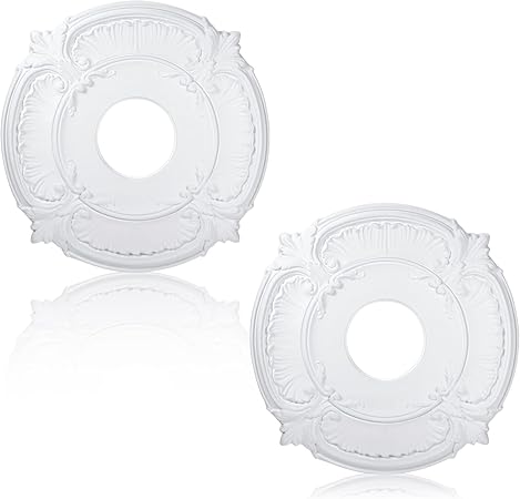 2 Pieces White PU Ceiling Medallion Decorative Ceiling Fan Medallion Round - M&M