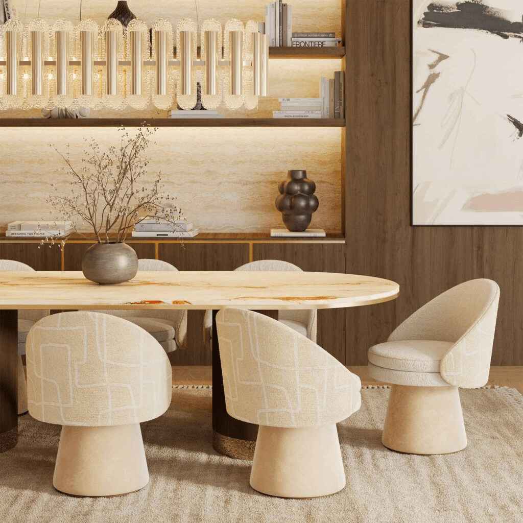Petra Dining Table – Marble & Walnut with Gold Base | طاولة بيترا – رخام وجوز مع قاعدة ذهبية - M&M