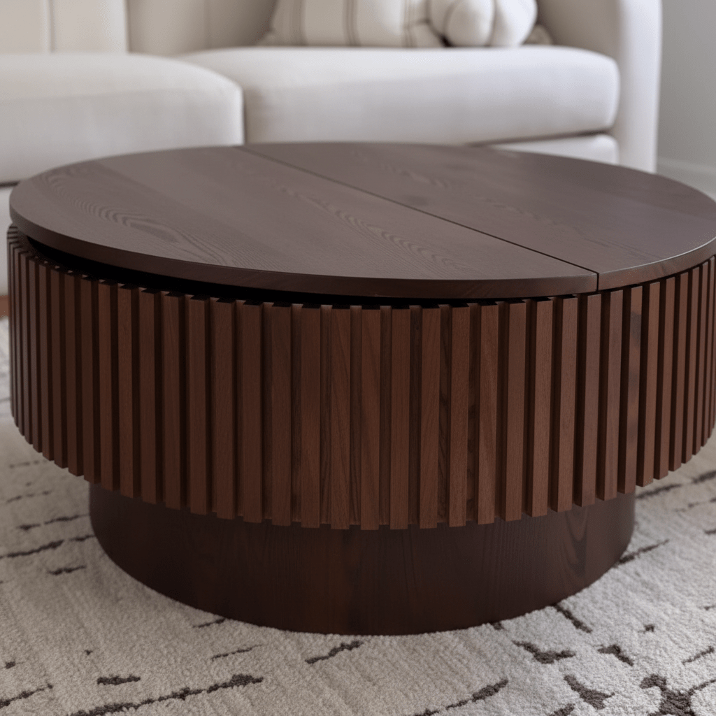 Round Fluted Coffee Table – Dark Walnut with Split - Top Lid | طاولة قهوة دائرية مخدّدة – جوز داكن بغطاء منفصل - M&M