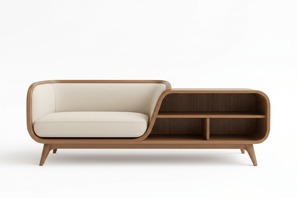 Handcrafted Mid - Century Sofa with Built - in Bookshelf – Made to Order | Walnut & Cream - M&M