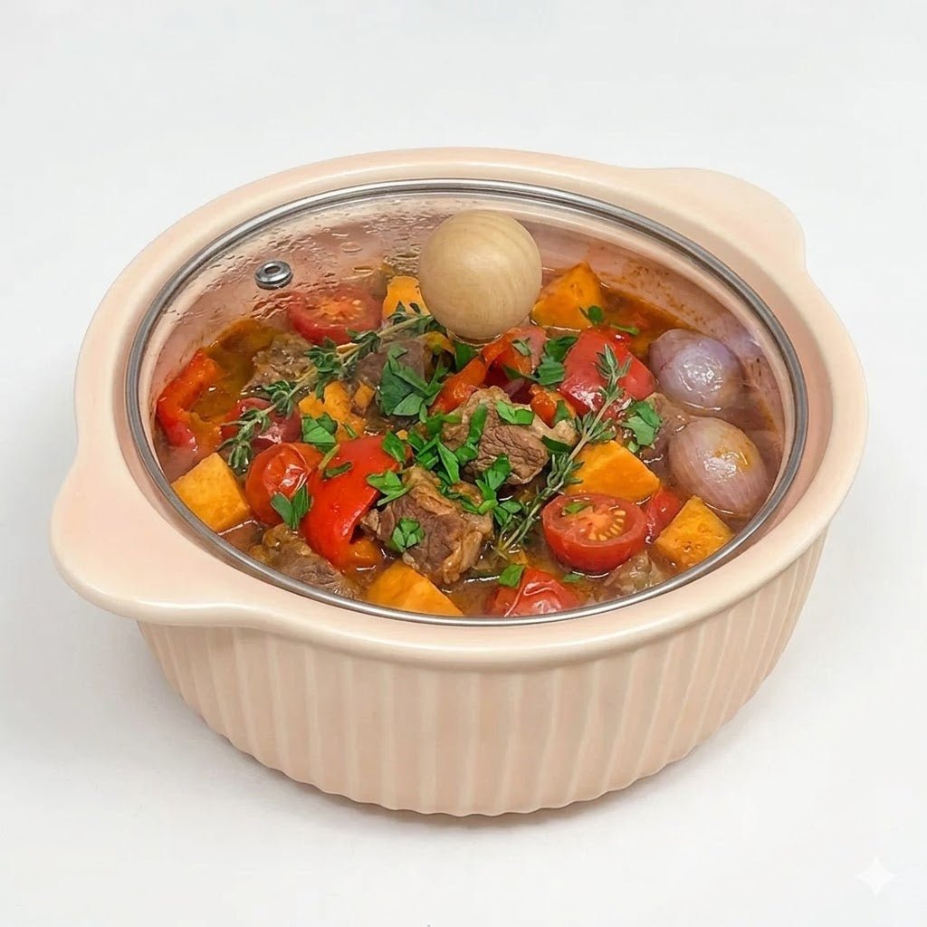 Cream Ceramic Round Casserole Dish – Non - Stick Serving Bowl with Glass Lid - M&M