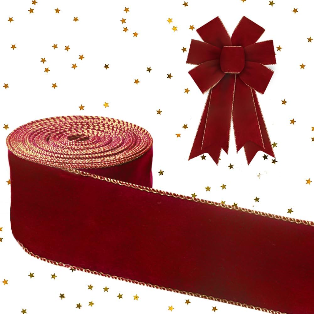 Threetols 10 Yards Burgundy Red Velvet Wired Edge Ribbons - M&M