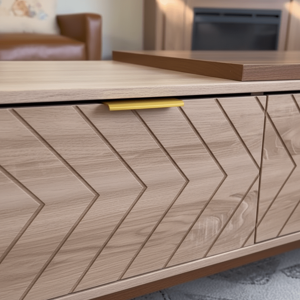Lift - Top Coffee Table – Walnut Chevron with Gold Handles | طاولة قهوة بغطاء رافع – شيفرون جوز الهند مع مقابض ذهبية - M&M