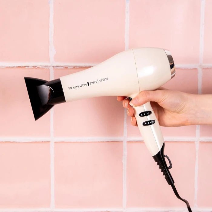 Remington Pearl Shine Hair Dryer, AC2405AU, Salon Professional Styling, 2000W (AU Plug) Turbo Power Fan for Fast Drying, Tourmaline Ceramic Technology Prevents Frizz, White - M&M