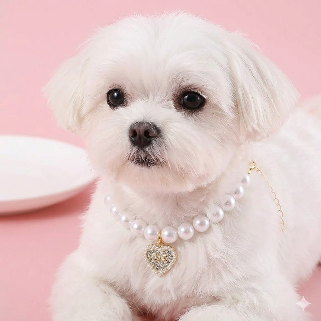 Elegant White Faux Pearl Pet Collar with Heart - Shaped Rhinestone Pendant for - M&M