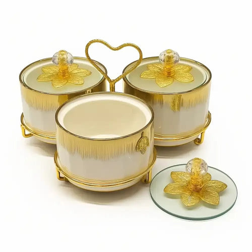 3 - Piece Porcelain Snack Bowl Set – Glass Lids & Heart - Shaped Golden Steel Stand - M&M