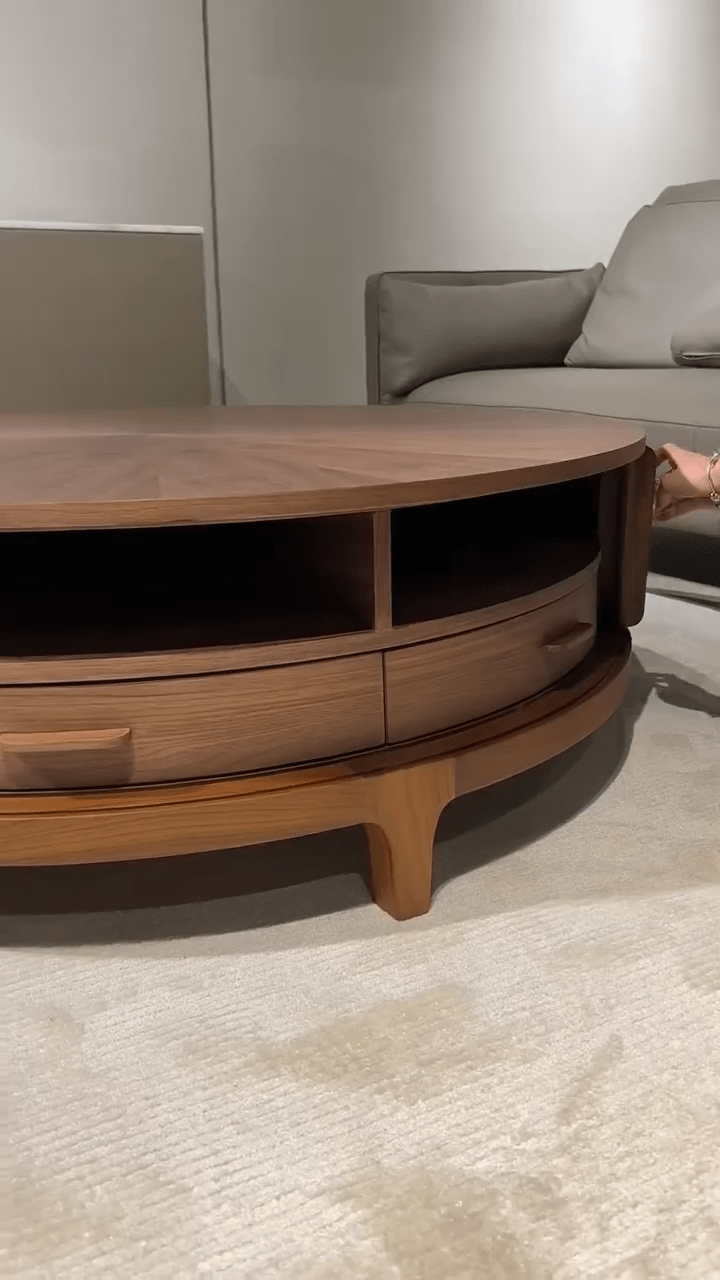 Round Walnut Coffee Table with Open Shelves & Drawers | طاولة قهوة دائرية بخشب الجوز مع رفوف مفتوحة وأدراج - M&M