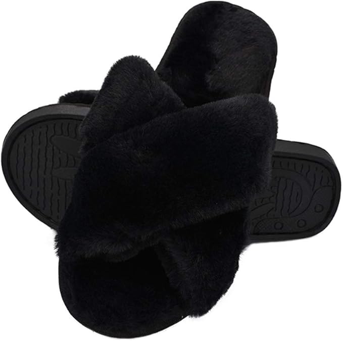 Humiwa Womens Faux Fur Slippers Warm Fussy Flip Flop House Slippers Open Toe - M&M