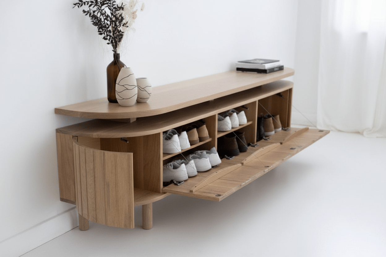 Floating Wall - Mounted Shoe Cabinet – Oak with Curved Fluted Doors | خزانة أحذية عائمة على الجدار – خشب البلوط مع أبواب مخدّدة منحنية - M&M