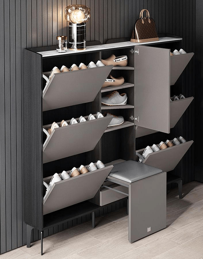 Multi - Tier Flip - Door Shoe Cabinet with Seat | خزانة أحذية متعددة الطوابق بأبواب قلابة ومقعد - M&M