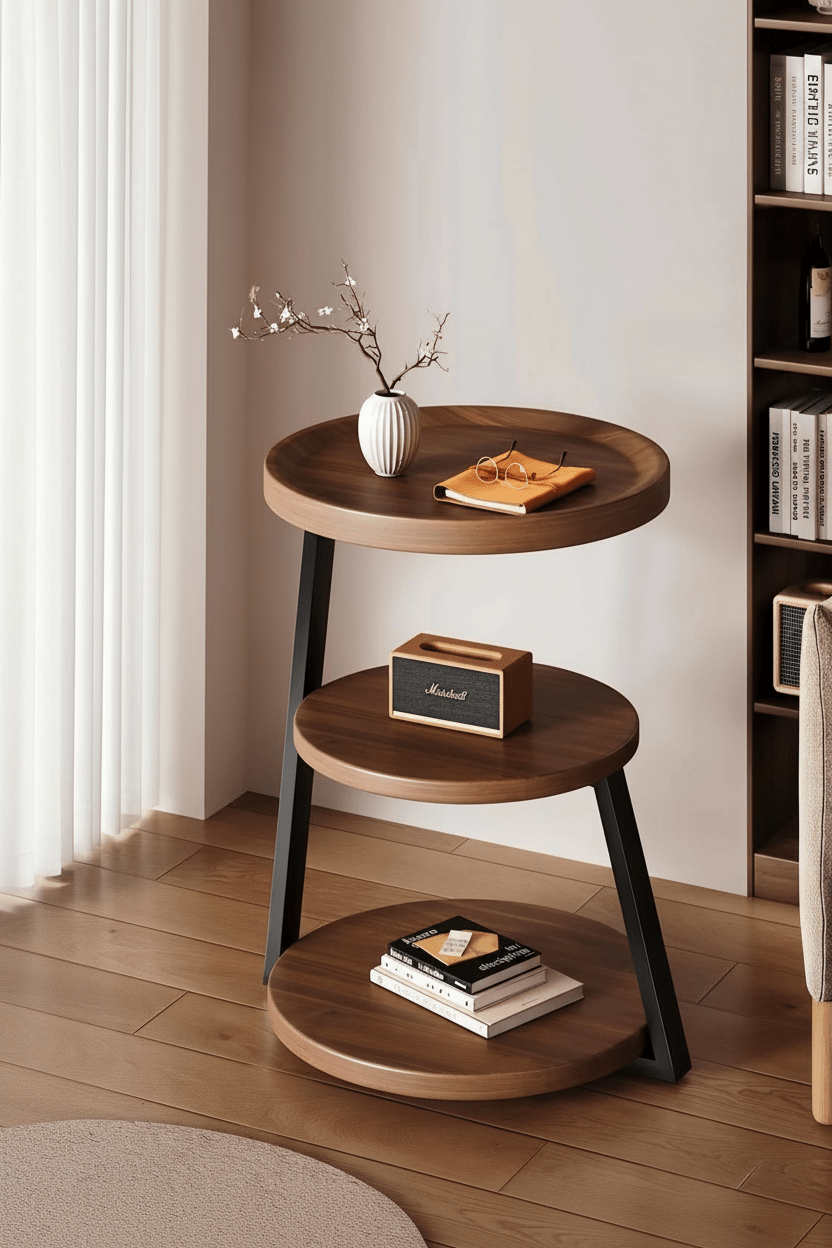 Handcrafted 3 - Tier Round Walnut Side Table – Made to Order | Black Metal Frame - M&M