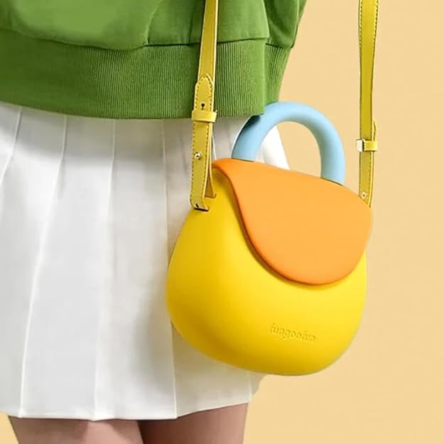 Fungoofun Cute Small Rubber Tote Shoulder Bag with Adjustable Strap - Waterproof and Washable EVA Mini Handbag for Women and Kids in Bright Vibrant Yellow - M&M
