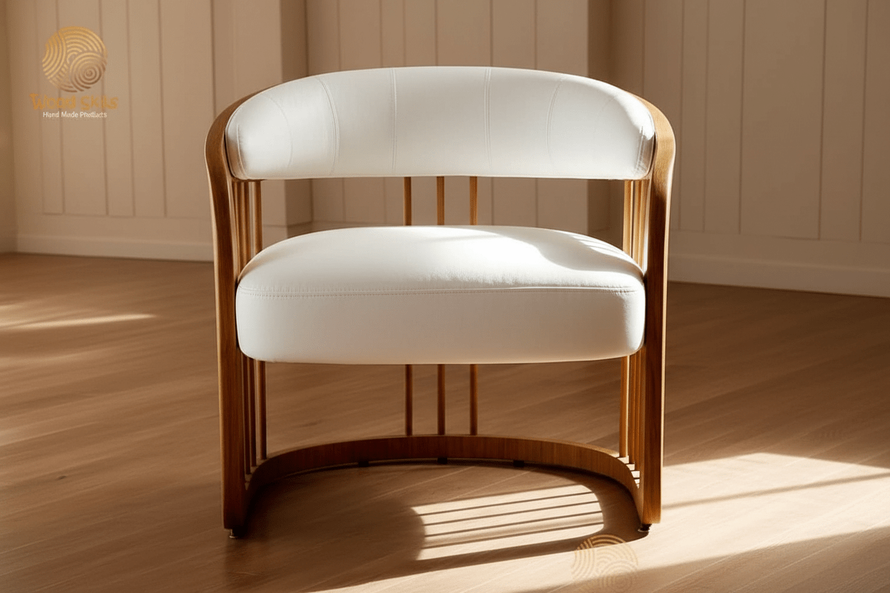 Barrel Spindle Accent Chair – Handcrafted Oak & White Upholstery | كرسي برميل منحوت – خشب بلوط وتنجيد أبيض مصنوع يدوياً - M&M