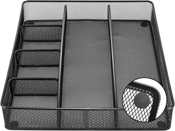 Metal Mesh Desk Drawer Organizer – 6 Compartments, Anti - Slip Office & Home Desktop Storage | Black - M&M