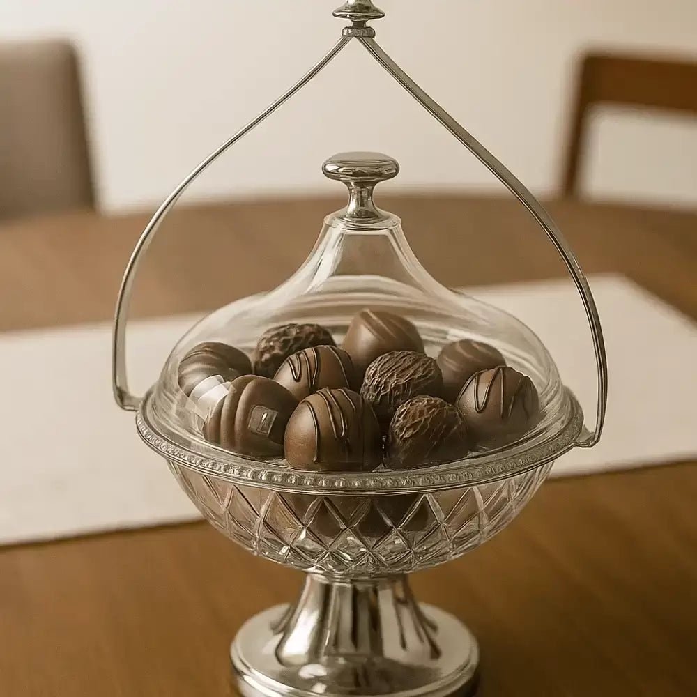 Multipurpose Silver Metal Snacks Bowl – Transparent Lid & Carry Handle – 16x15x28cm - M&M