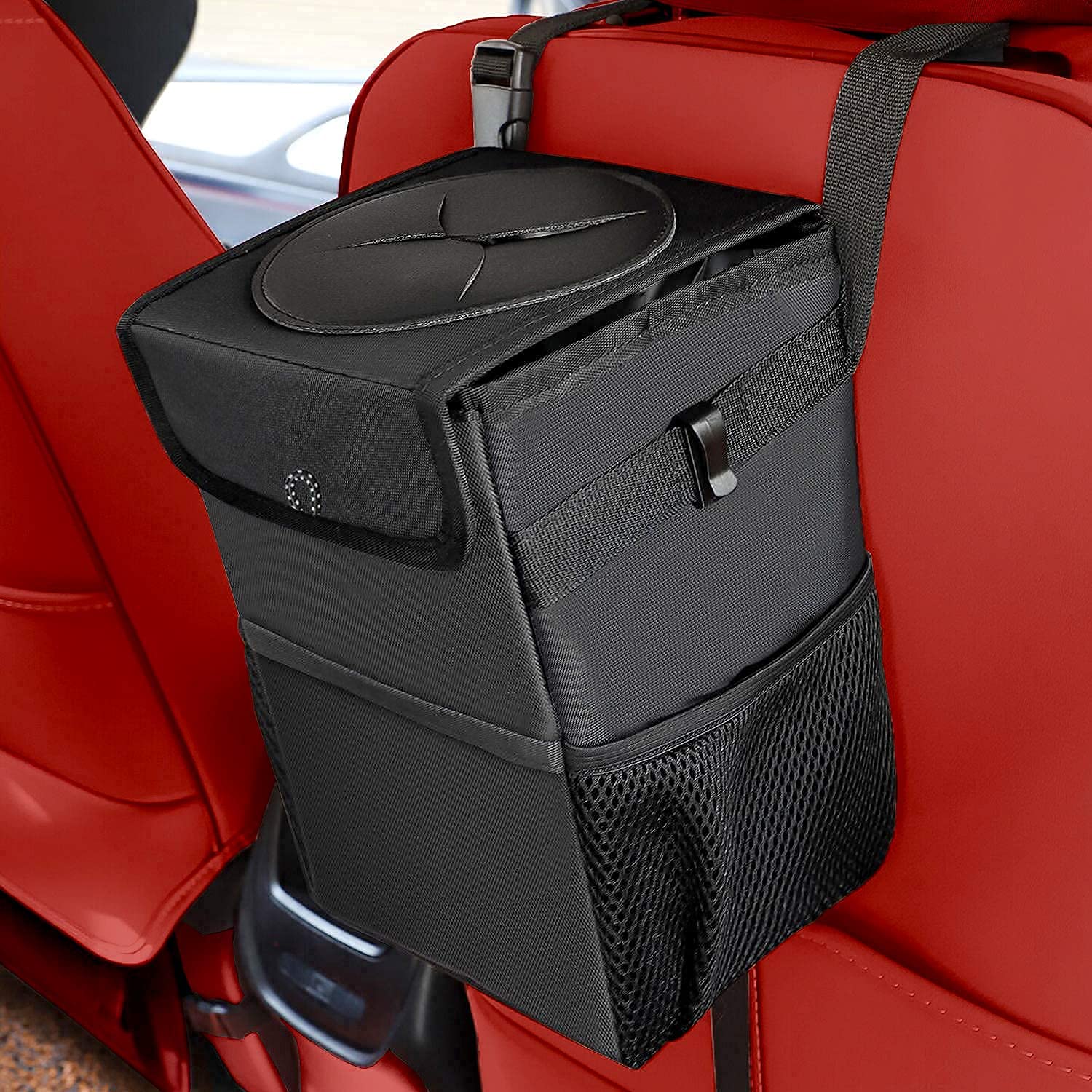 tbp Extra Large Leakproof Car Trash Can with Lid – Waterproof Automotive Garbage Bag & Vehicle Waste Bin with Storage Pockets - M&M