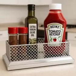 Rectangular Metal Storage Tray – Mirror Base & Cutwork Detailing – 38x18x10cm – Silver - M&M