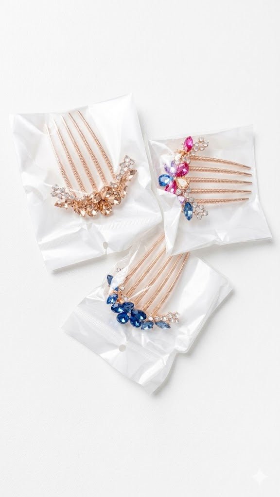 hair combs , French Luxurious Gemstone Crystal Rhinestone Shiny Metal Edge - M&M