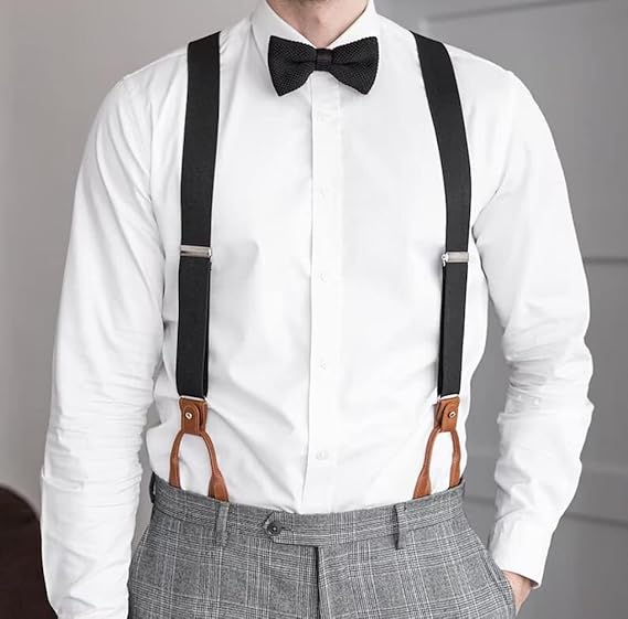 Mens Suspenders, Brown Leather Button Tab and Clip Braces, Heavy Duty - M&M